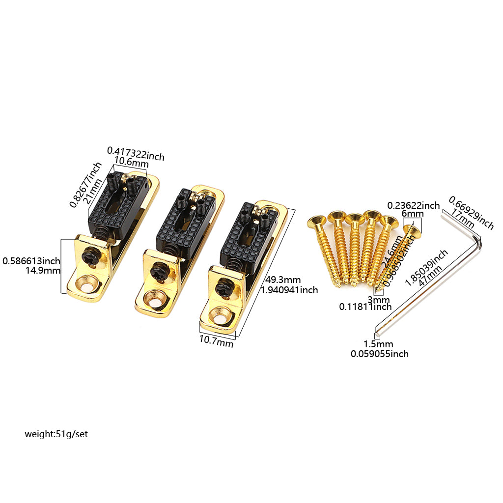 3Pcs/Set Individual Single Roller Saddle Guitar Bridge for Electric Guitar Gold