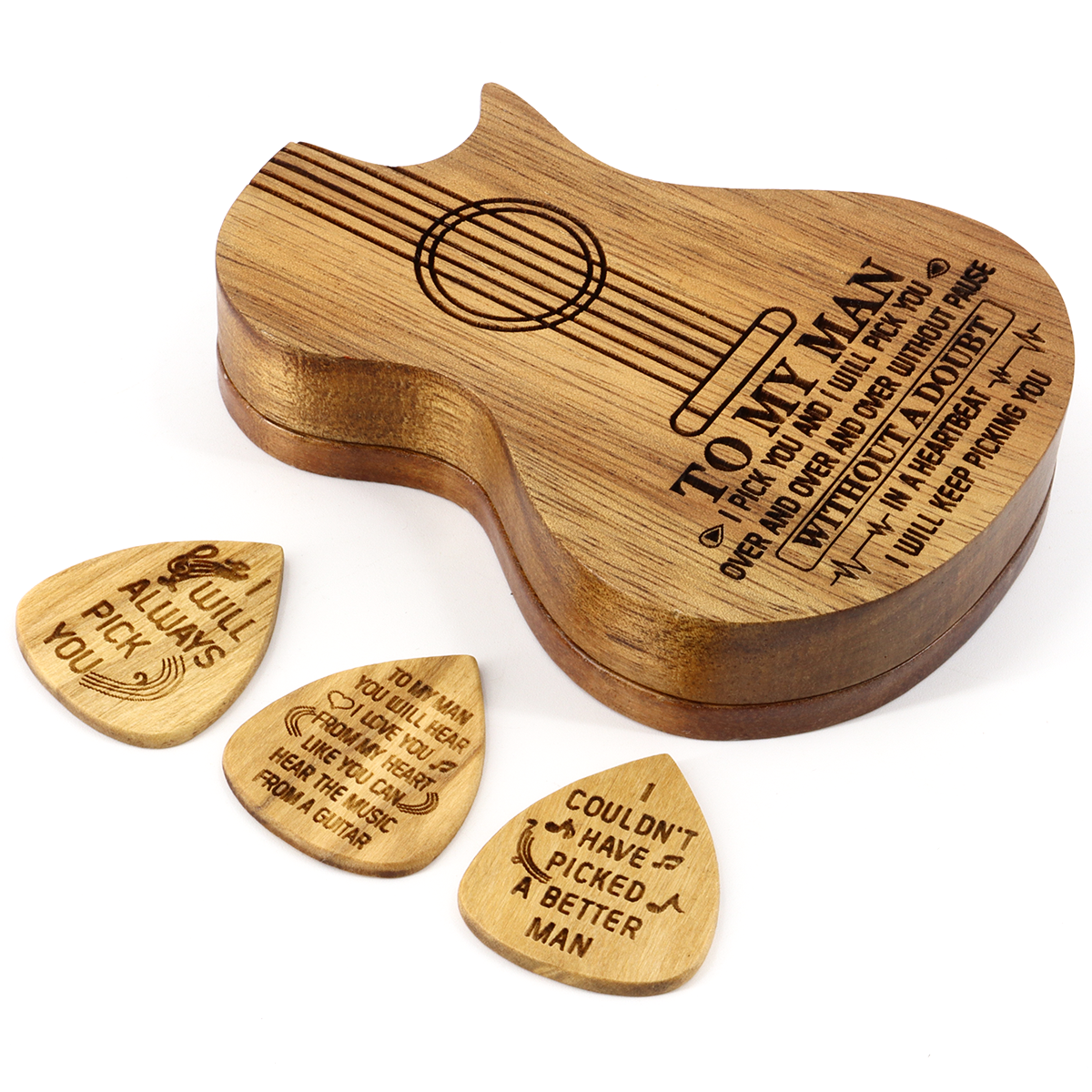 Engraved Guitar Pick Box Personalized Wood Guitar Picks Box Plectrum Container with 3 Pcs Guitar Pick for Music Instrument Guitar Players friend father boyfrend