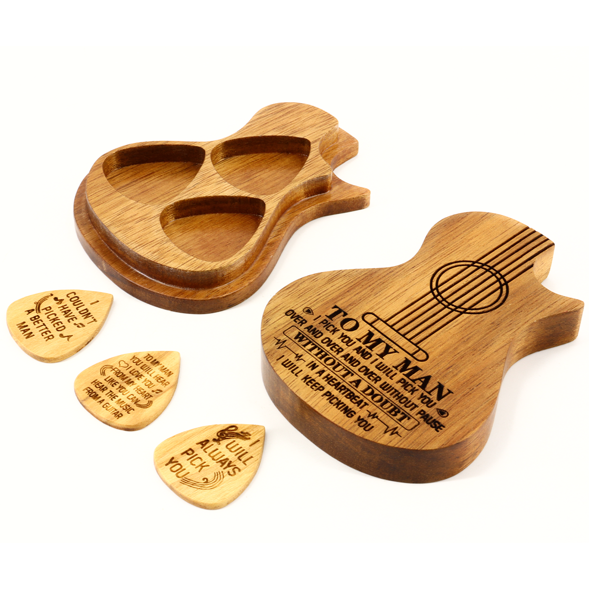 Engraved Guitar Pick Box Personalized Wood Guitar Picks Box Plectrum Container with 3 Pcs Guitar Pick for Music Instrument Guitar Players friend father boyfrend