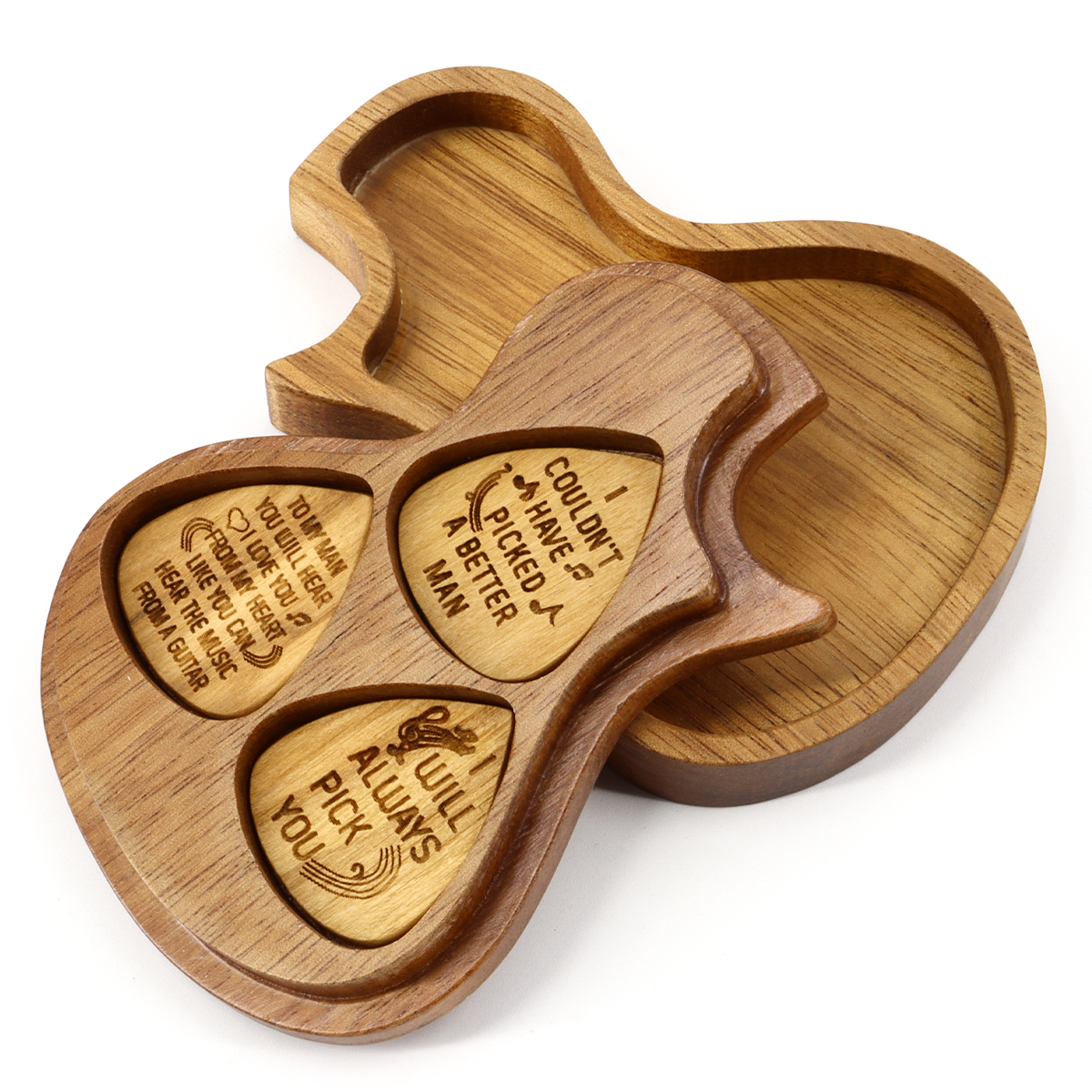 Engraved Guitar Pick Box Personalized Wood Guitar Picks Box Plectrum Container with 3 Pcs Guitar Pick for Music Instrument Guitar Players friend father boyfrend