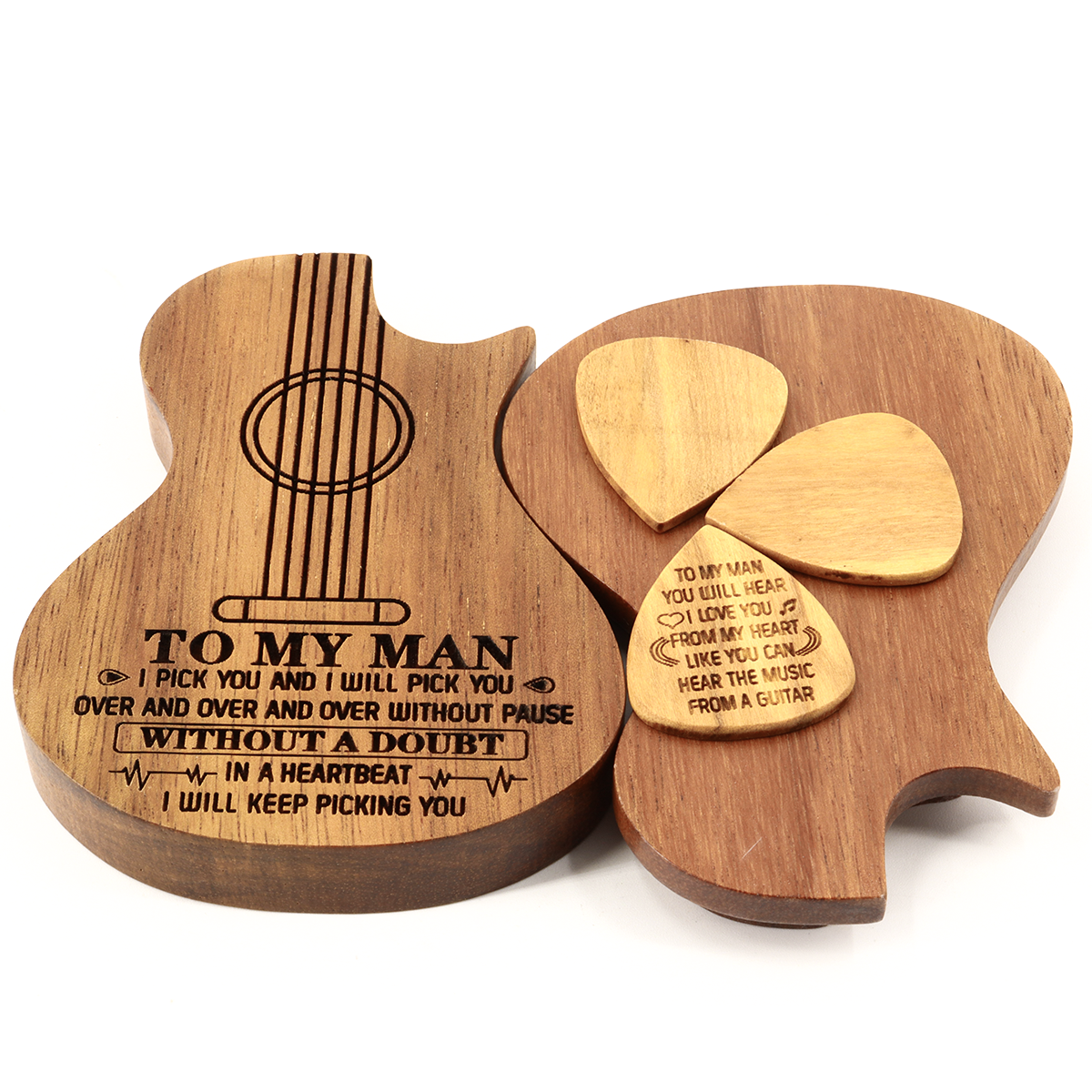 Engraved Guitar Pick Box Personalized Wood Guitar Picks Box Plectrum Container with 3 Pcs Guitar Pick for Music Instrument Guitar Players friend father boyfrend