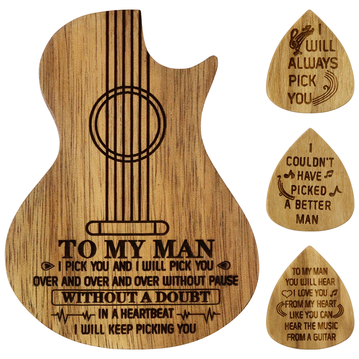 Engraved Guitar Pick Box Personalized Wood Guitar Picks Box Plectrum Container with 3 Pcs Guitar Pick for Music Instrument Guitar Players friend father boyfrend