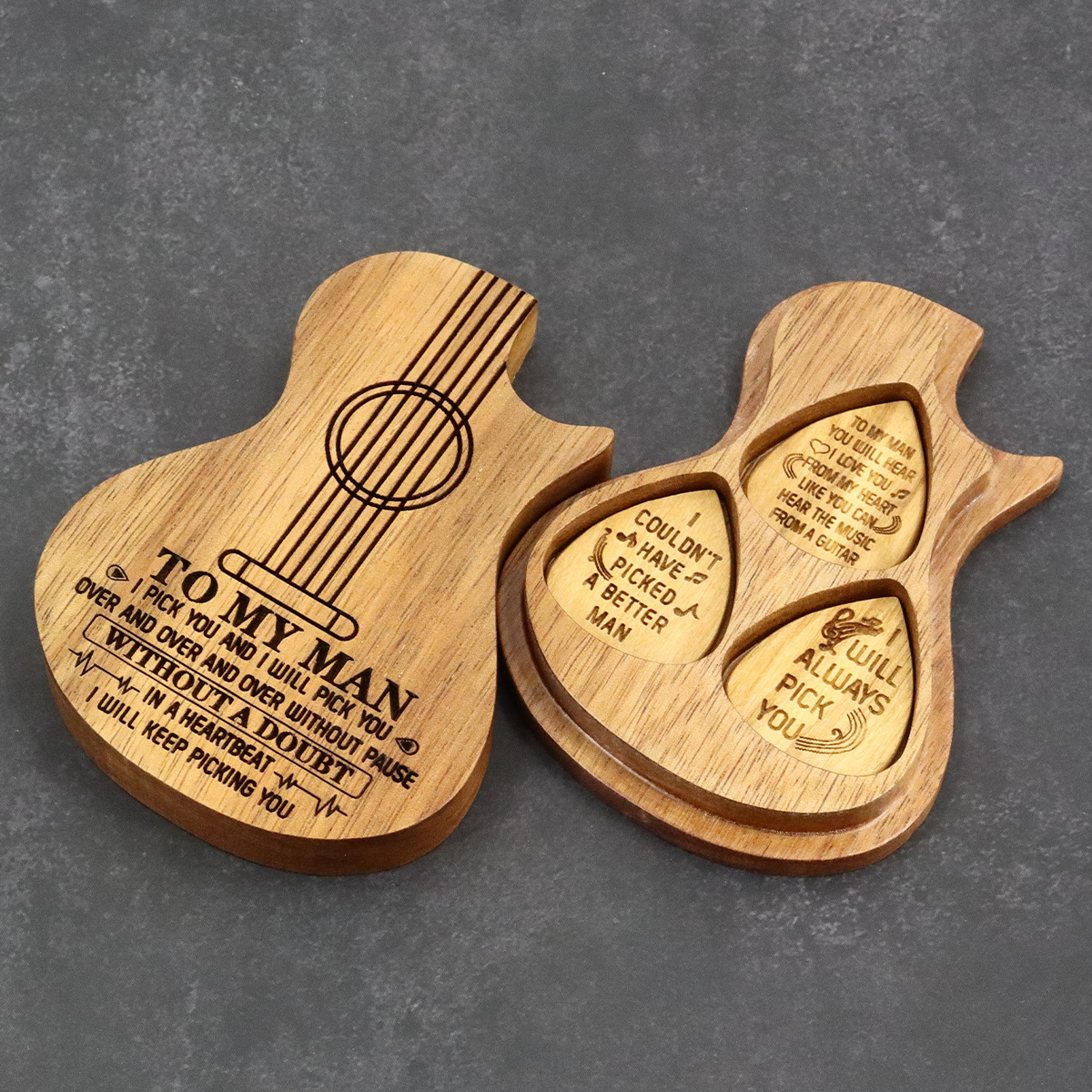Engraved Guitar Pick Box Personalized Wood Guitar Picks Box Plectrum Container with 3 Pcs Guitar Pick for Music Instrument Guitar Players friend father boyfrend