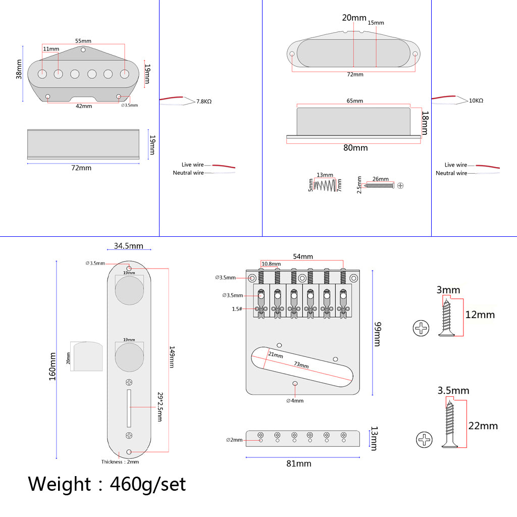 Guitar Bridge & Cupronickel Pickup & 3 Way Switch Control Knob Plate Set