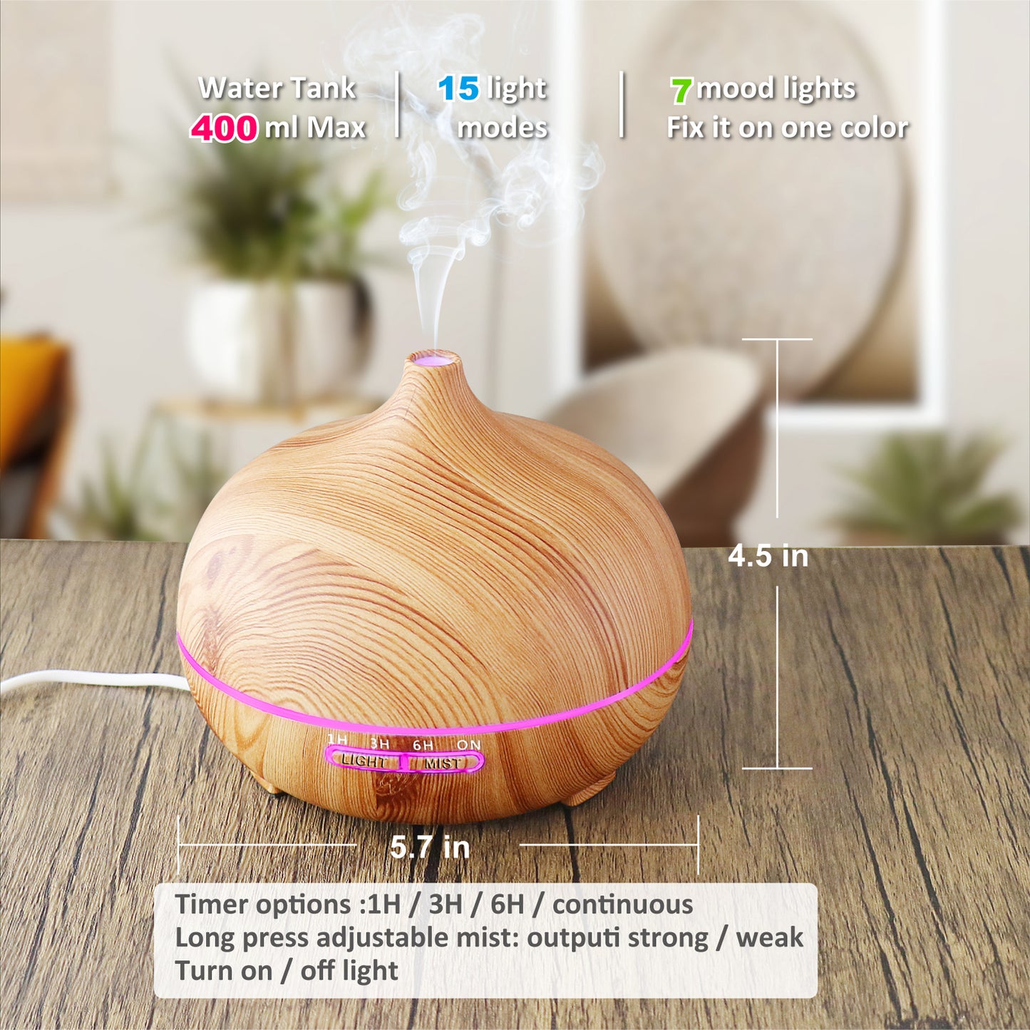 Essential Oil Diffuser with Bluetooth Speaker,400ml Aroma Diffuser,Aromatherapy Diffuser Humidifier with 4 Timer Waterless Auto Shut-Off Cool Mist Humidifier for Home Office