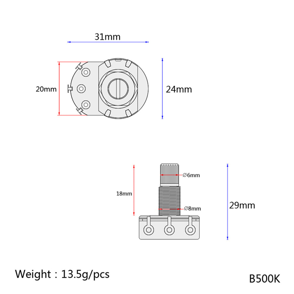 A/B 500k ELectric Bass Guitar Potentiometers Audio Tone Switch Long Shaft