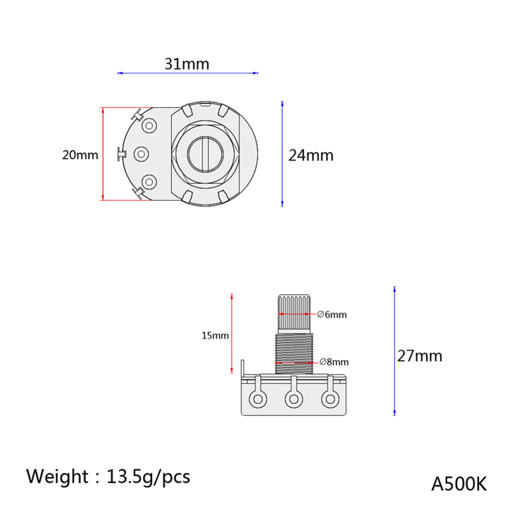 A/B 500k ELectric Bass Guitar Potentiometers Audio Tone Switch Short Shaft