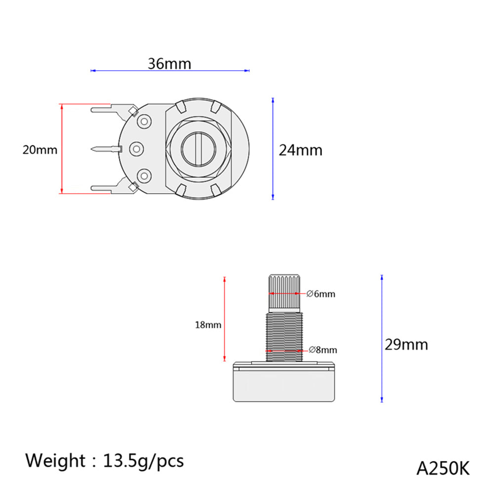 A/B250k OHM Audio POTS Guitar Potentiometers 18mm Shaft