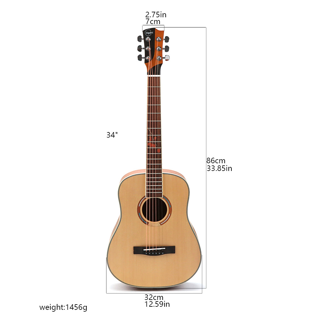 Acoustic Guitar 6 String Natural Cutaway 34 Inch Folk Guitar High Glossy Spruce Wood Top with