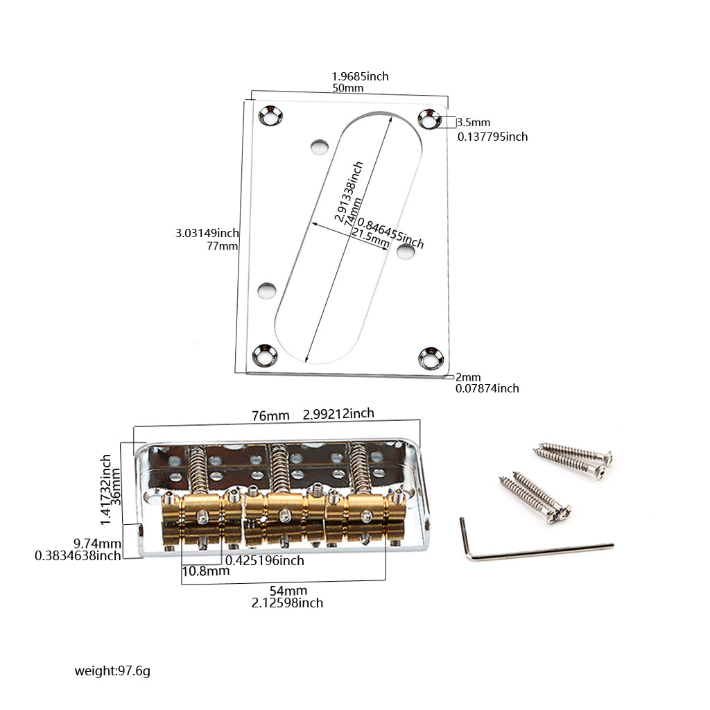 Short Tele Bridge Brass 3-Saddles for TL Style  Chrome Electric Guitar Bridge