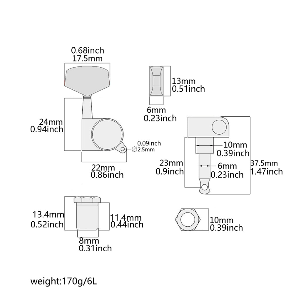 6L Guitar Tuner Pegs Sealed Guitar Tuning Pegs Machine Heads for Acoustic or Electric Guitar Small Square Buttons
