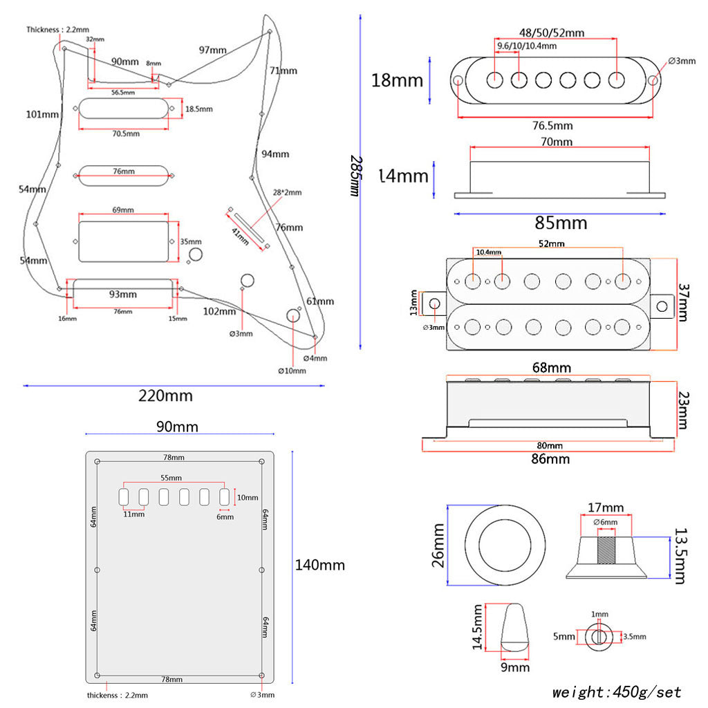 High Quality Electric Guitar Pickguard 3-ply SSH Loaded Prewired Humbucker Pickguard Pickups Set for Guitar