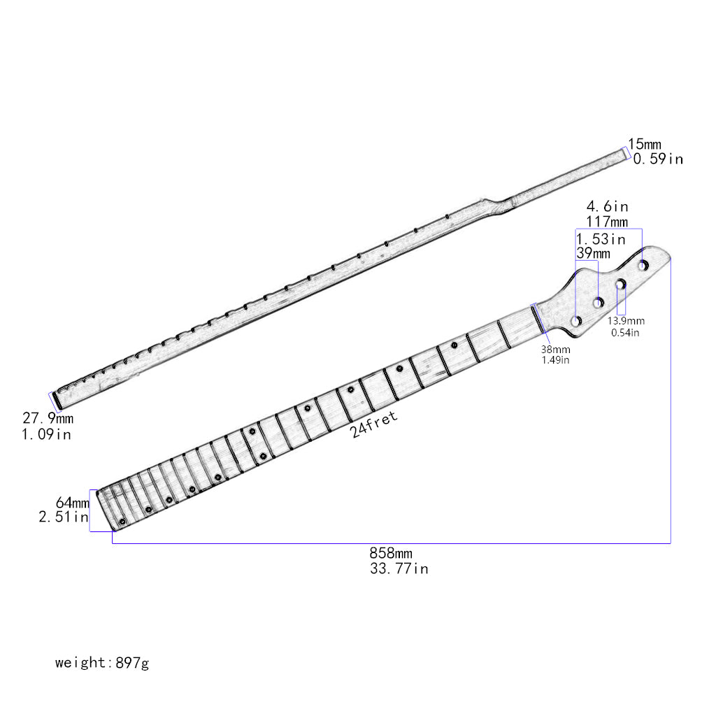 4 Strings 24 Frets TL Style Roasted Maple Guitar Neck with Maple Fingerboard For TL Electric Guitar Replacement ST Guitar Neck