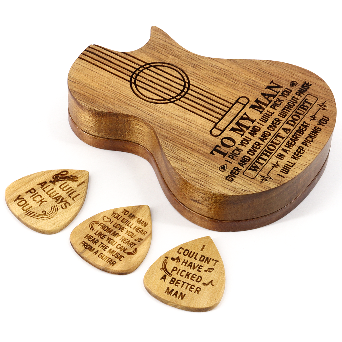 Engraved Guitar Pick Box Personalized Wood Guitar Picks Box Plectrum Container with 3 Pcs Guitar Pick  for Music Instrument Guitar Players friend father boyfrend