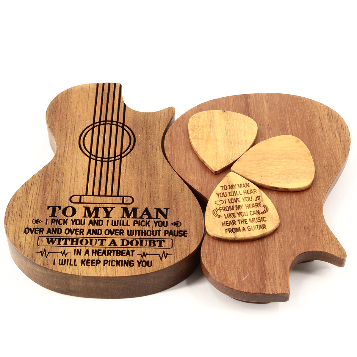 Engraved Guitar Pick Box Personalized Wood Guitar Picks Box Plectrum Container with 3 Pcs Guitar Pick  for Music Instrument Guitar Players friend father boyfrend