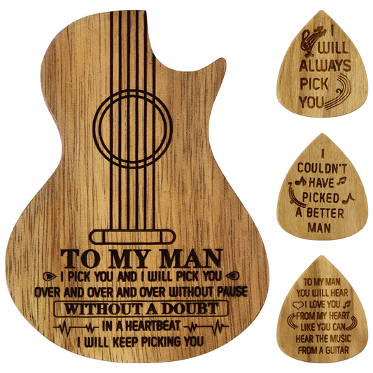 Engraved Guitar Pick Box Personalized Wood Guitar Picks Box Plectrum Container with 3 Pcs Guitar Pick  for Music Instrument Guitar Players friend father boyfrend