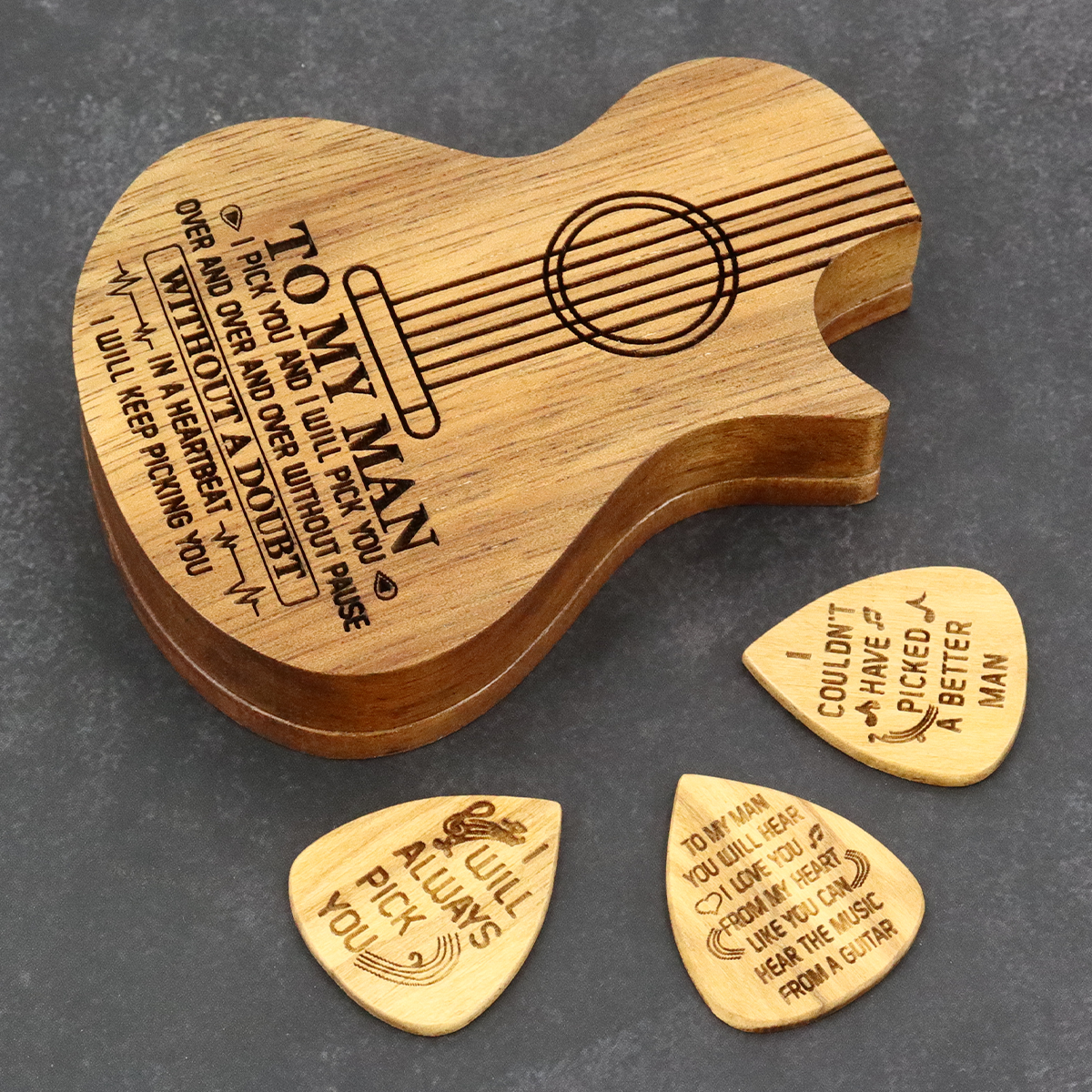 Engraved Guitar Pick Box Personalized Wood Guitar Picks Box Plectrum Container with 3 Pcs Guitar Pick  for Music Instrument Guitar Players friend father boyfrend