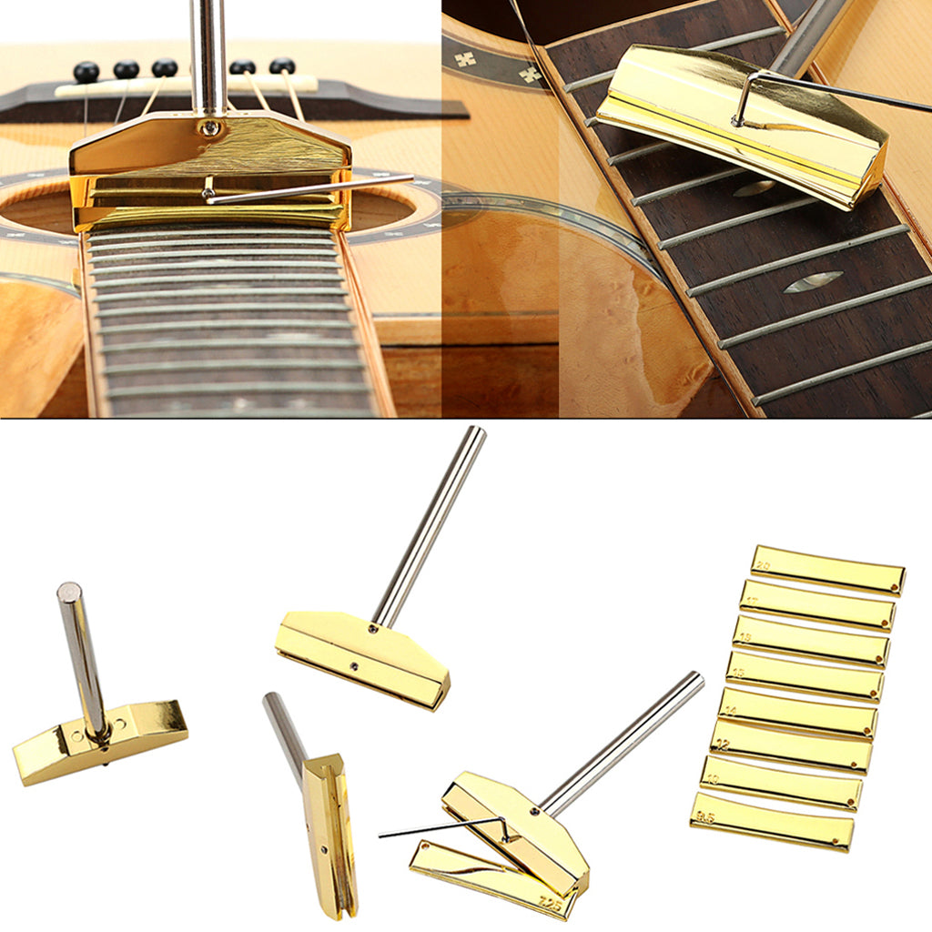 Guitar Fingerboard Fret Press Caul with 9Pcs Brass Radian Fret Inserts for Guitar Luthier Tool,Gold