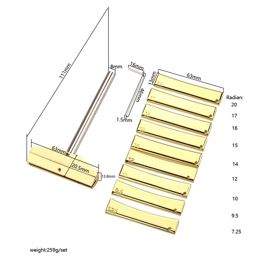 Guitar Fingerboard Fret Press Caul with 9Pcs Brass Radian Fret Inserts for Guitar Luthier Tool,Gold