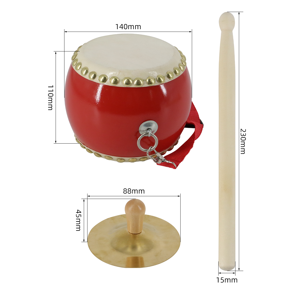 Chinese Drum & Cymbals Set with Adjustable Carry Strap and Drum Sticks for Kids Toys