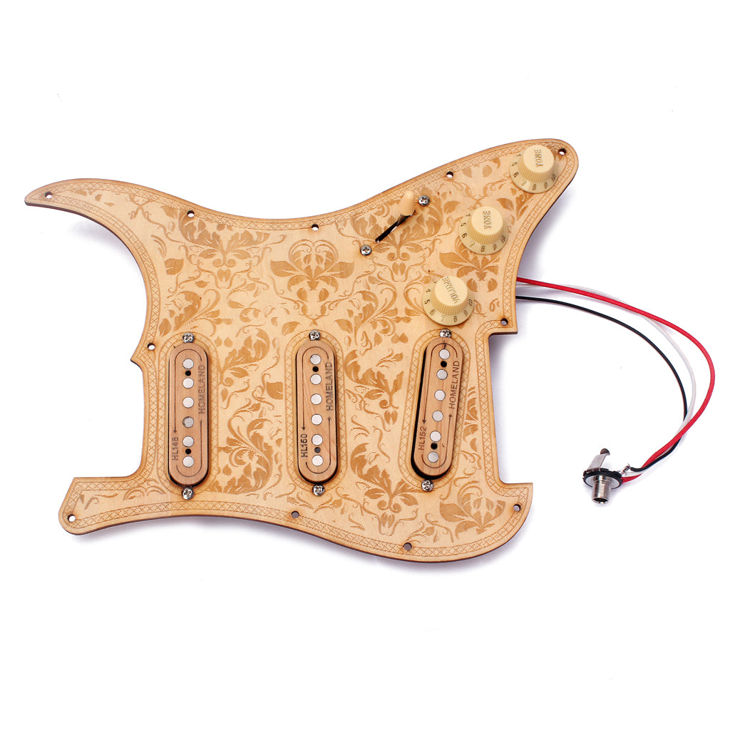 Loaded Prewired Wooden Guitar Pickguard Maple Wood Plate SSS Pickups with Decorative Flower Pattern for Electric Guitars