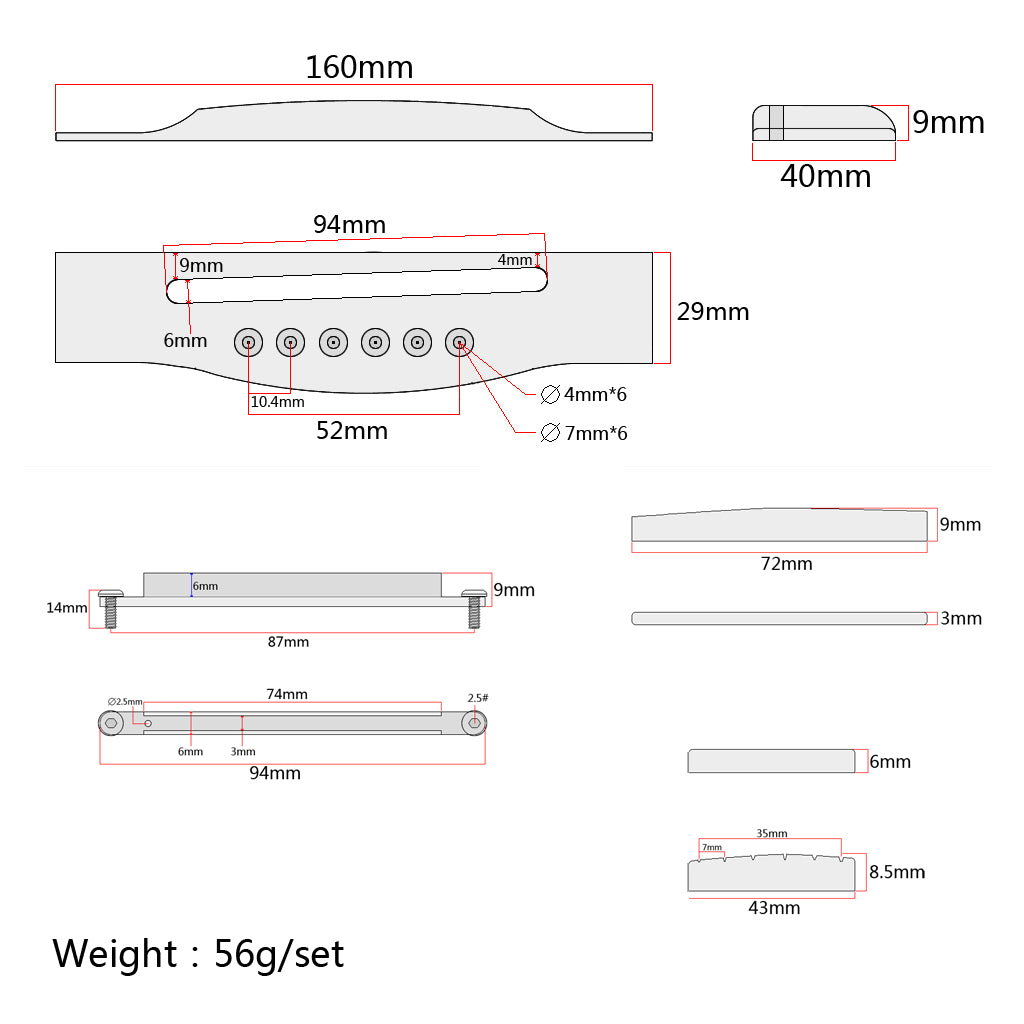 Adjustable 6 string Rosewood Acoustic Guitar Bridge