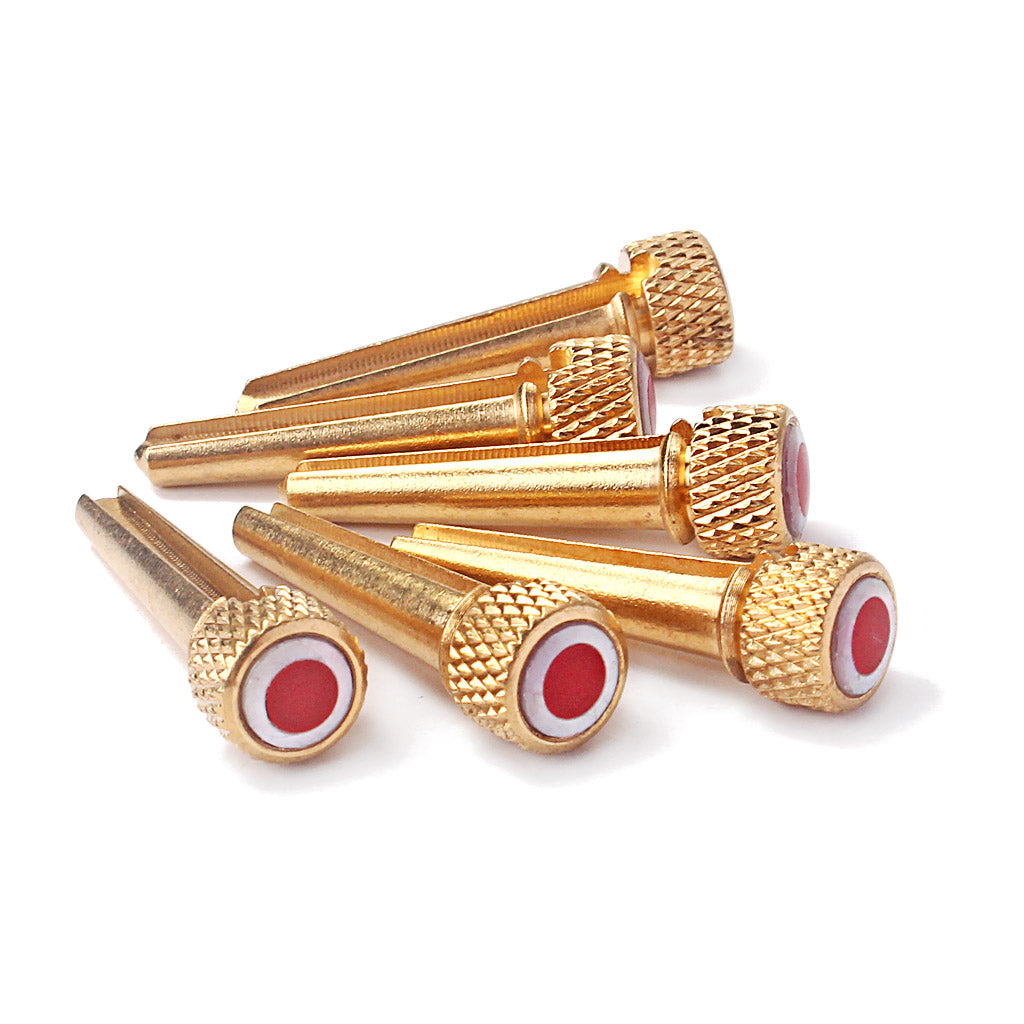 Tone Pins Brass Acoustic Guitar Bridge Pins, Brass/  White abalone shell  red stone