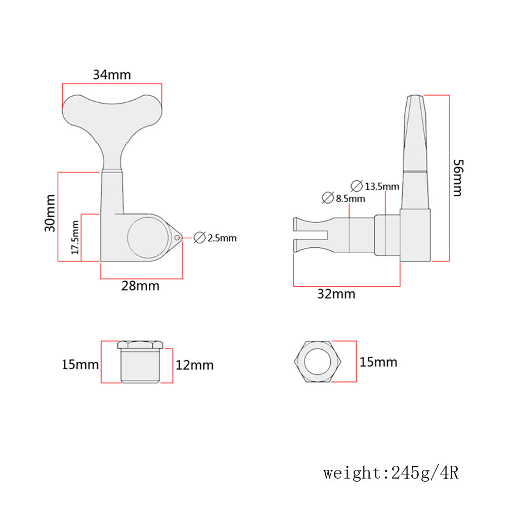 4R Electric Bass Tuners Machine Heads Tuning Pegs Silver
