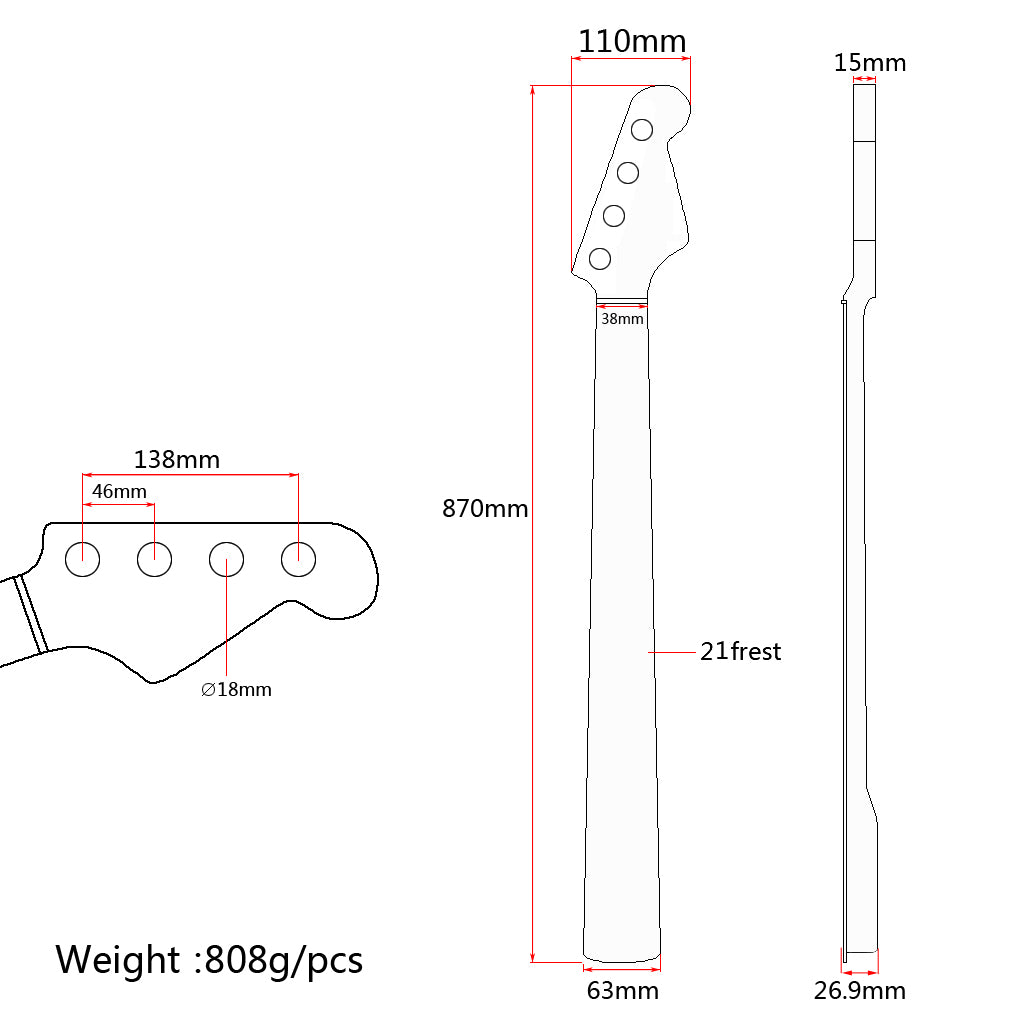 Electric JB Bass Guitar Neck yellow Replacement Maple Wood 21 Fret Repair parts