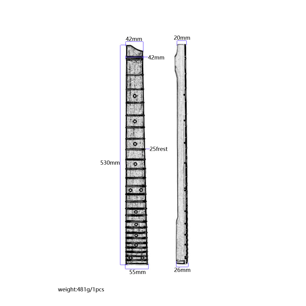 25 fret headless electric bass guitar neck