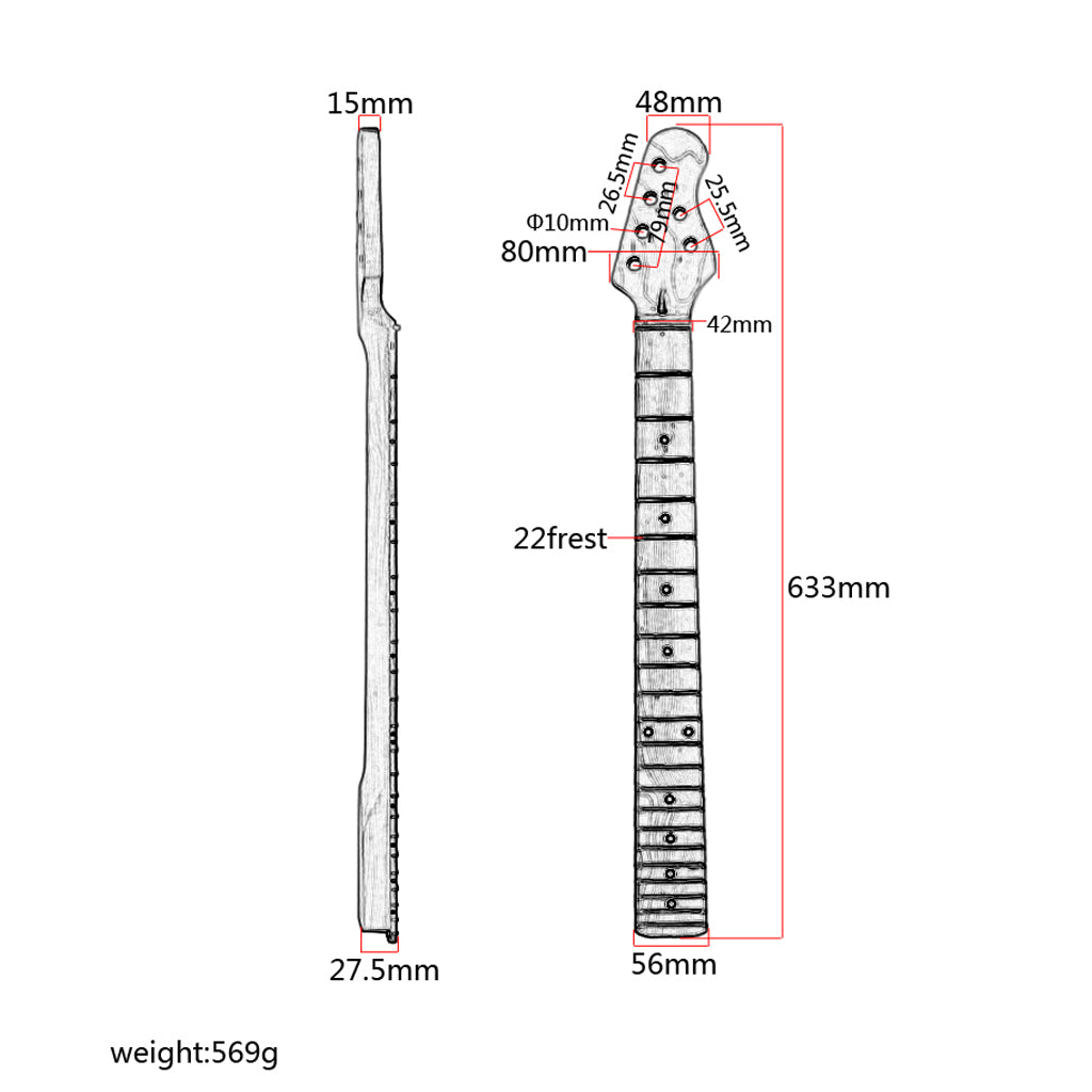 Maple Guitar Neck R2 Nut Width 22 Fret Warmoth Compatible 4x2 Headstock