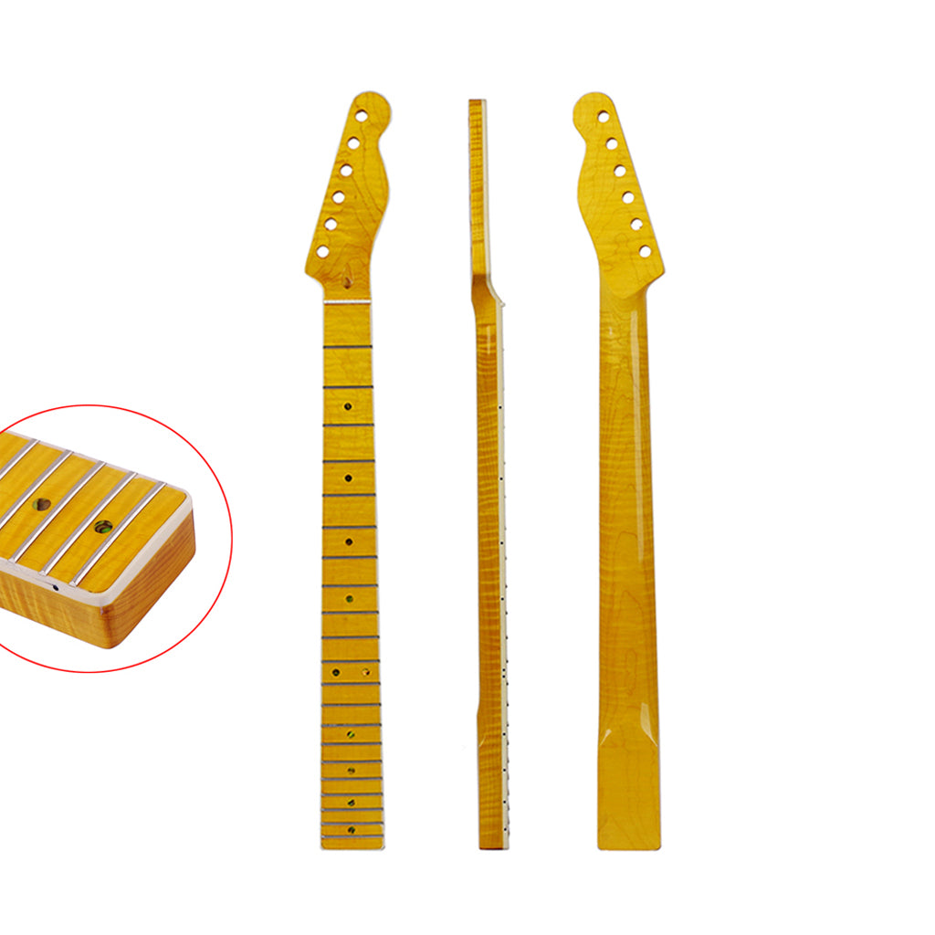 21 Fret Tiger Flame Maple Guitar Neck Replacement Guitar Neck for ST/TL Electric Guitar Abalone Dots Natural Yellow Glossy