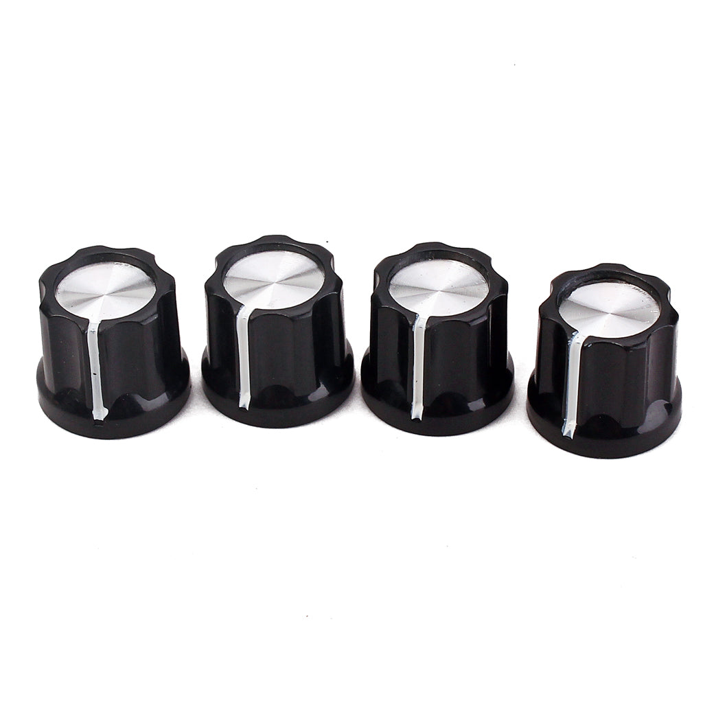 D-Type Shaft Guitar Bass Pot Knobs Amp Knobs Buttons Caps, Black With Silver Top, Pack Of 12