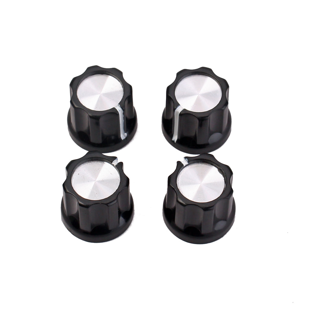 D-Type Shaft Guitar Bass Pot Knobs Amp Knobs Buttons Caps, Black With Silver Top, Pack Of 12