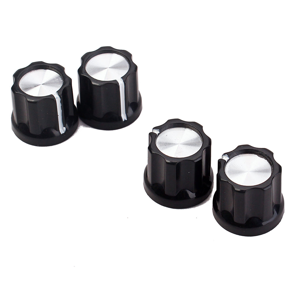 D-Type Shaft Guitar Bass Pot Knobs Amp Knobs Buttons Caps, Black With Silver Top, Pack Of 12