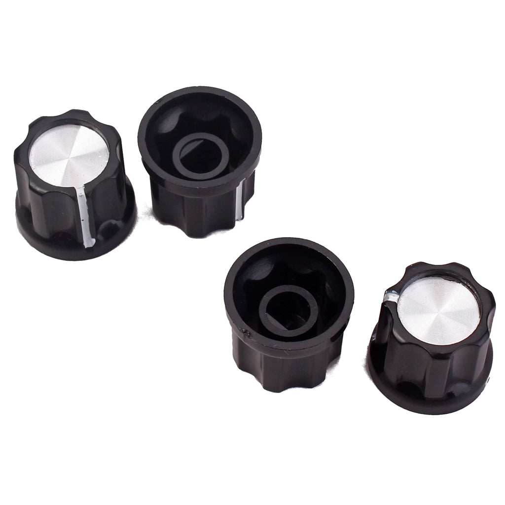 D-Type Shaft Guitar Bass Pot Knobs Amp Knobs Buttons Caps, Black With Silver Top, Pack Of 12