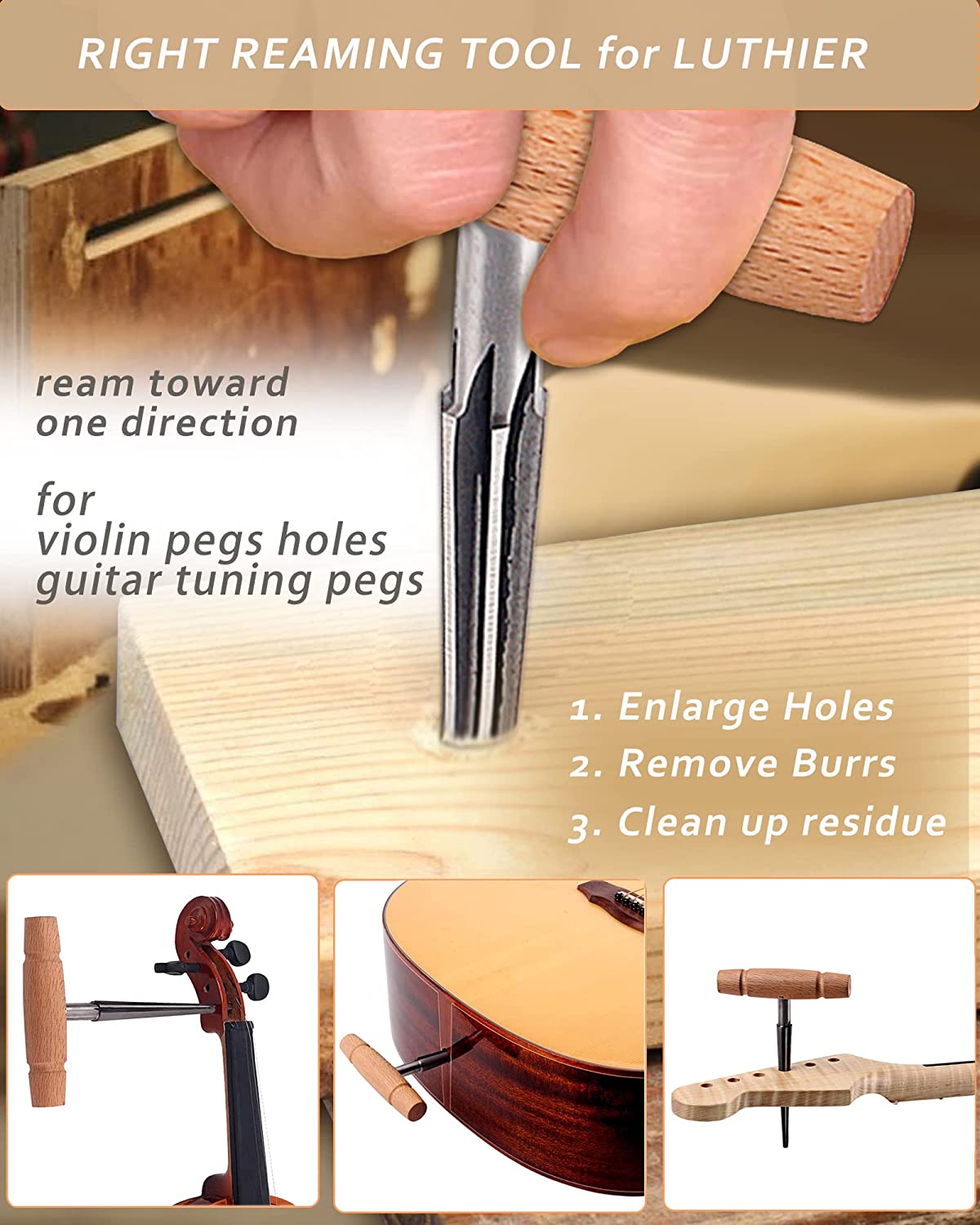 Violin Tuning Peg Reals Shaver & Reamer Set, Enlarged Shaving Tools for 3/4-4/4 Size Violin Pegs Real, Tapered 4-Fluted Pin Hole Reamer, Violin Making Kit for Luthier