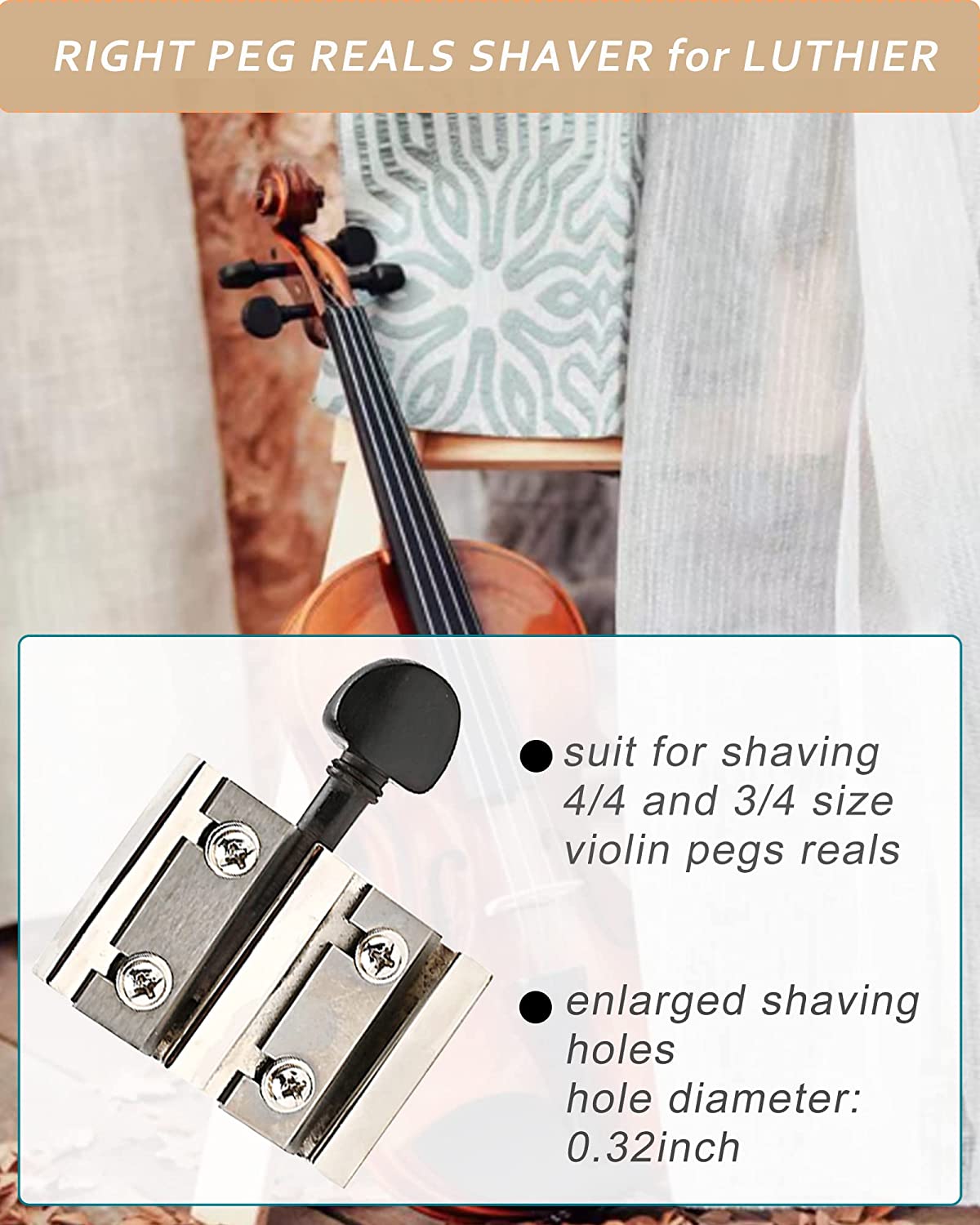 Violin Tuning Peg Reals Shaver & Reamer Set, Enlarged Shaving Tools for 3/4-4/4 Size Violin Pegs Real, Tapered 4-Fluted Pin Hole Reamer, Violin Making Kit for Luthier